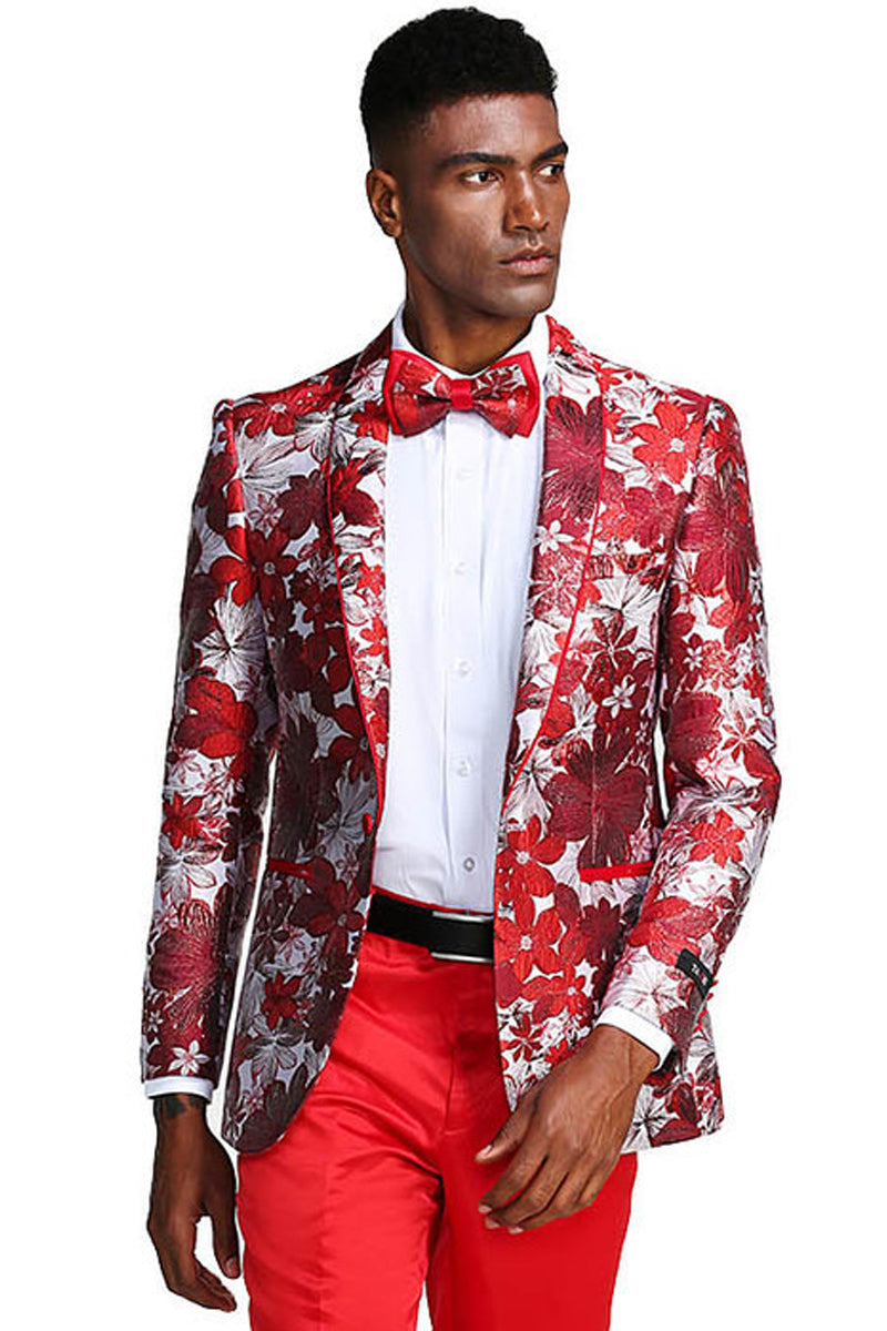 Men's Slim Fit Paisley Tuxedo Jacket in Red & Silver