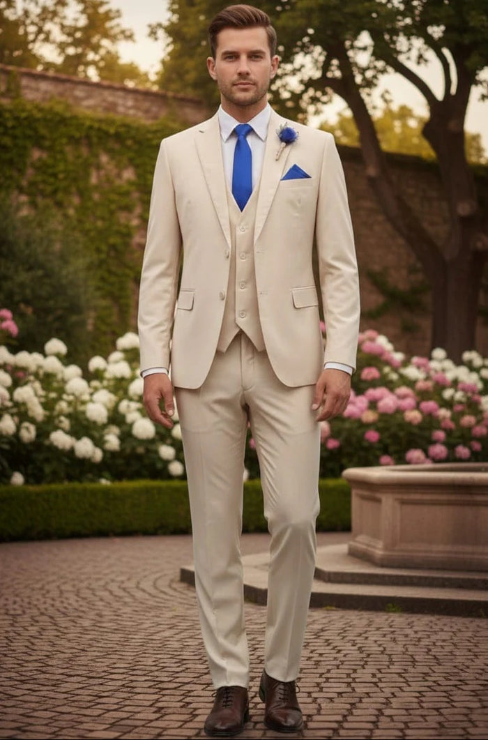 Mens Giovanni Testi Sand 3 Piece Suit – Formal 2 Button Blazer, Vest & Comfort Flex Waist Trousers