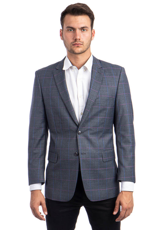 Men's Charcoal Grey Windowpane Sport Coat with Blue & Pink Accents