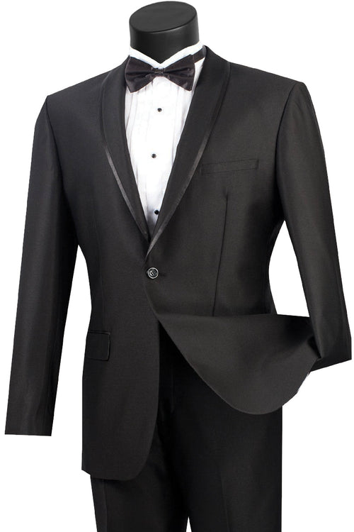 Mens One Button Shawl Tuxedo Suit With Trim in Navy by Vinci