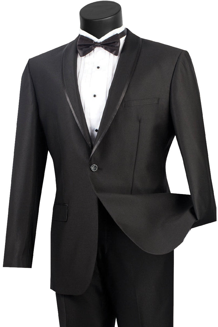 Mens One Button Shawl Tuxedo Suit With Trim in Navy by Vinci