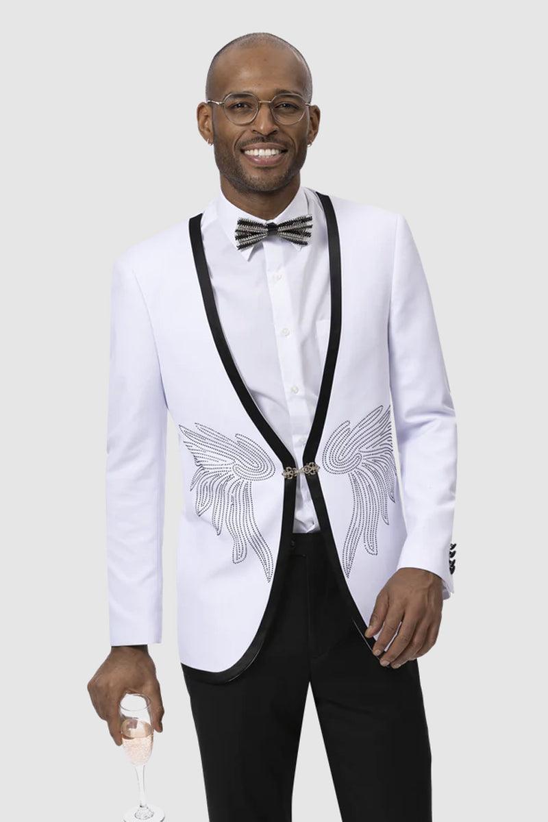 "EJ Samuel Men's Collarless White Tux Jacket w/ Diamond Wing Studs & Black Trim" - USA Men's Outlet – SuitUSA