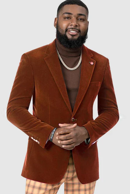 EJ Samuel - Modern Fit Velvet Blazer - Rust Light Brown Copper Color - 2-Button - Mens