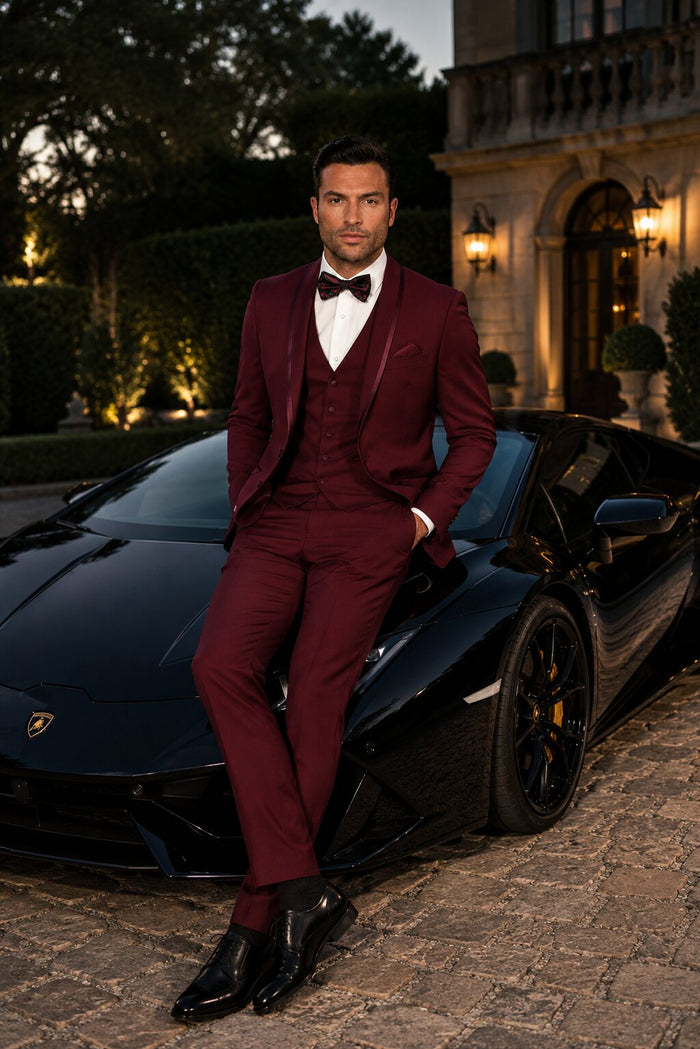 Maroon Prom Suit - Maroon Prom Tuxedo Suits - Maroon Wedding Tuxedo Mens One Button Satin Trim Shawl Tuxedo in Burgundy Wool by PROMTUXEDO