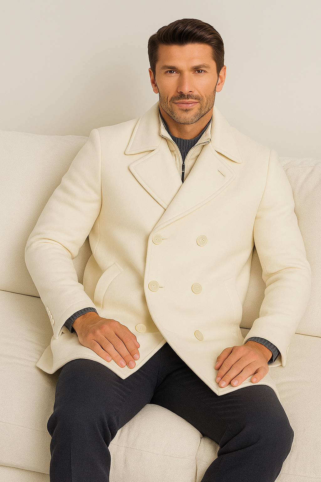 Cream Color Pea Coat - Ivory Double Breasted Wool Coat - Off White Car Coats