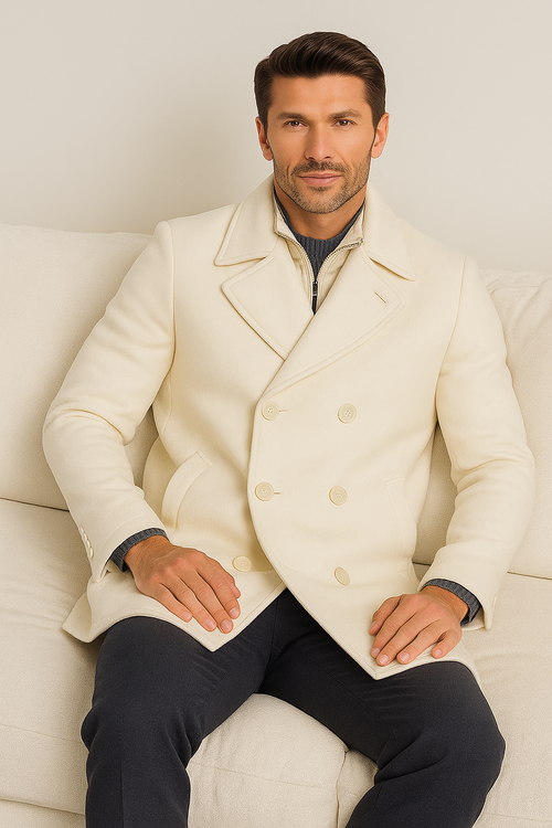 Cream Color Pea Coat - Ivory Double Breasted Wool Coat - Off White Car Coats