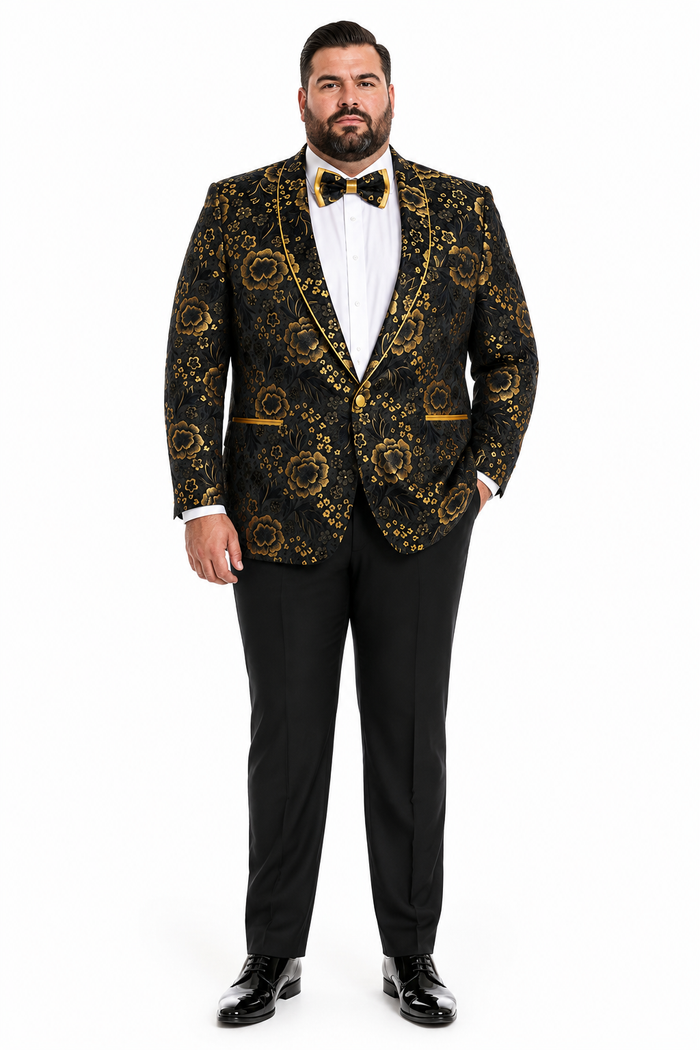 'Exquisite Black & Gold Paisley Prom and Wedding Dinner Jacket for Sophisticated Grooms and Prom Kings'
