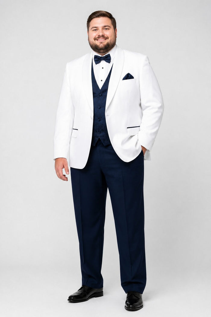 White and Navy Blue Tuxedo Wedding Suit - White Dinner Jacket + Vest + Pants + Bow-tie by USA Men's Outlet