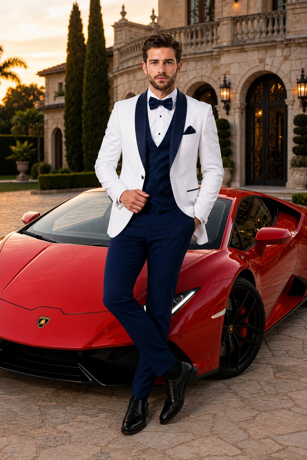 White and Navy Blue Tuxedo Wedding Suit - White Dinner Jacket + Vest + Pants + Bow-tie by USA Men's Outlet