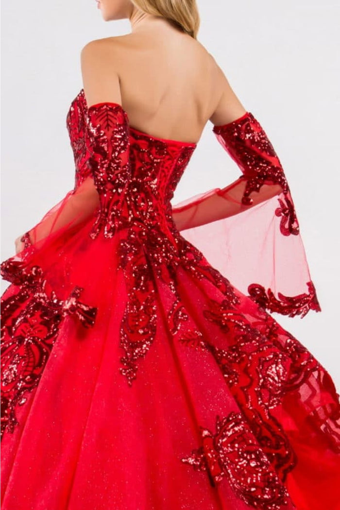 Elizabeth K GL1914 Detachable Sleeves Embellish Tiered Tail Ball Gown - Dress