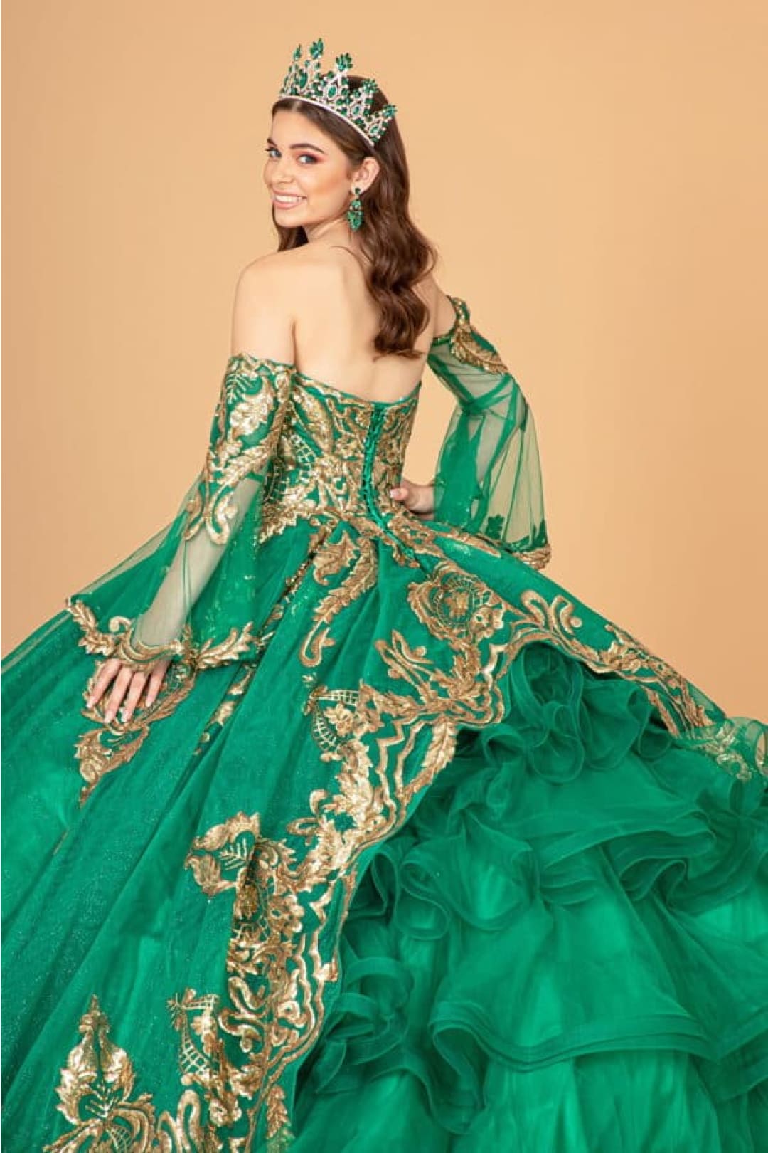 Elizabeth K GL1914 Detachable Sleeves Embellish Tiered Tail Ball Gown - Dress
