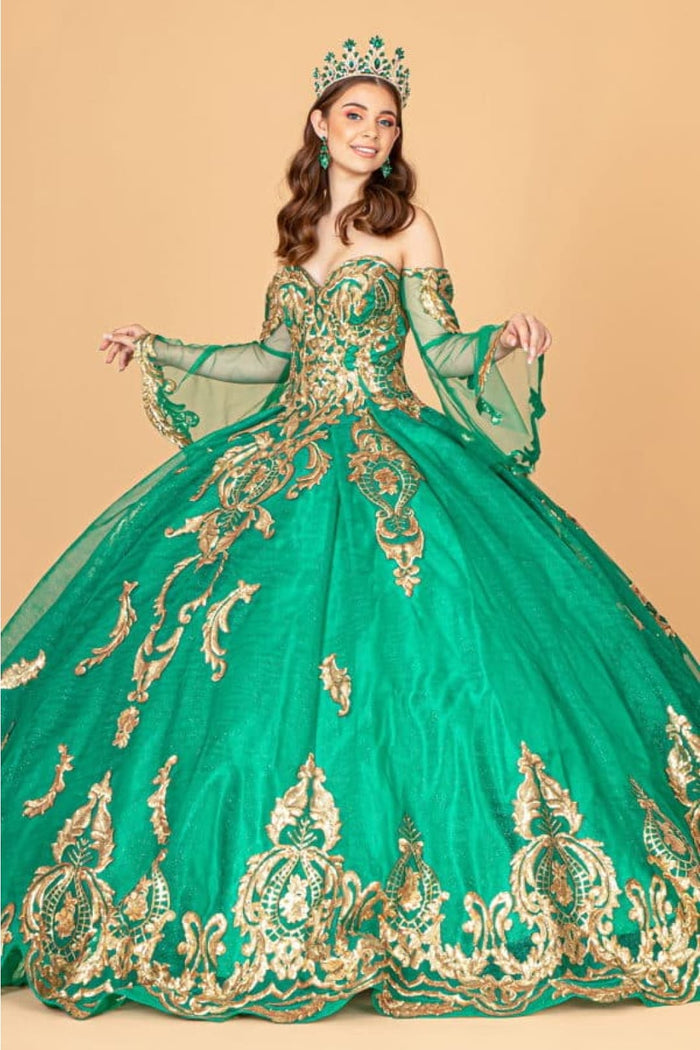 Elizabeth K GL1914 Detachable Sleeves Embellish Tiered Tail Ball Gown - Dress