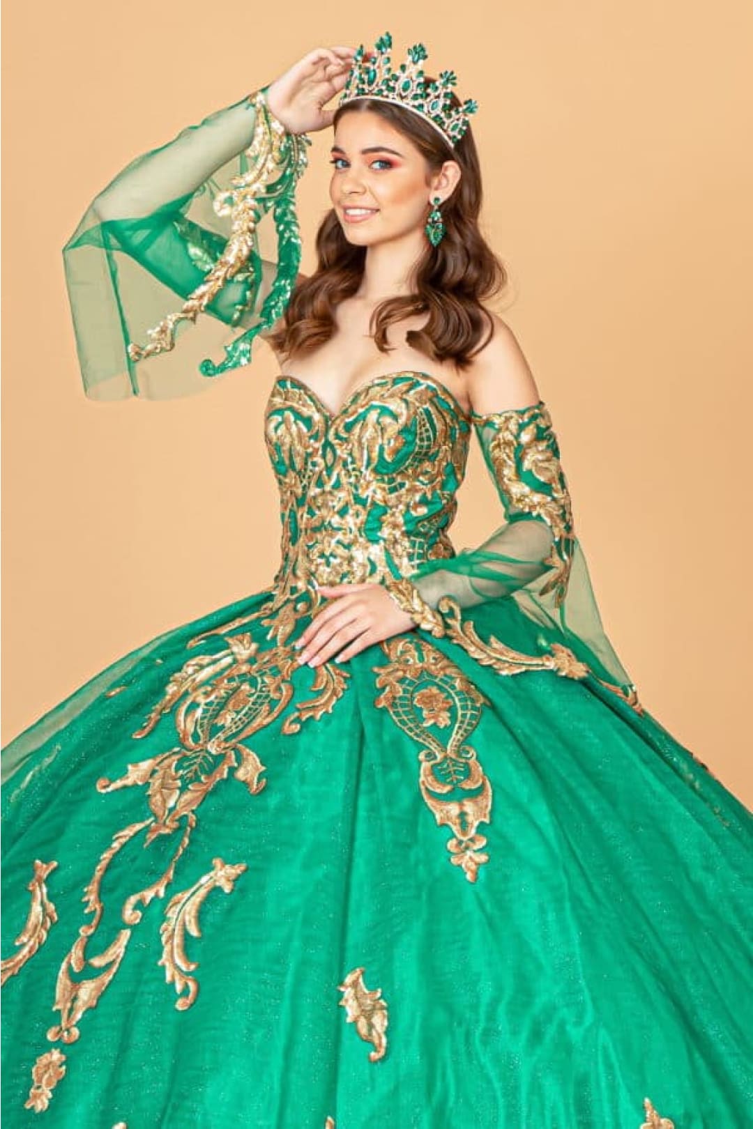 Elizabeth K GL1914 Detachable Sleeves Embellish Tiered Tail Ball Gown - Dress