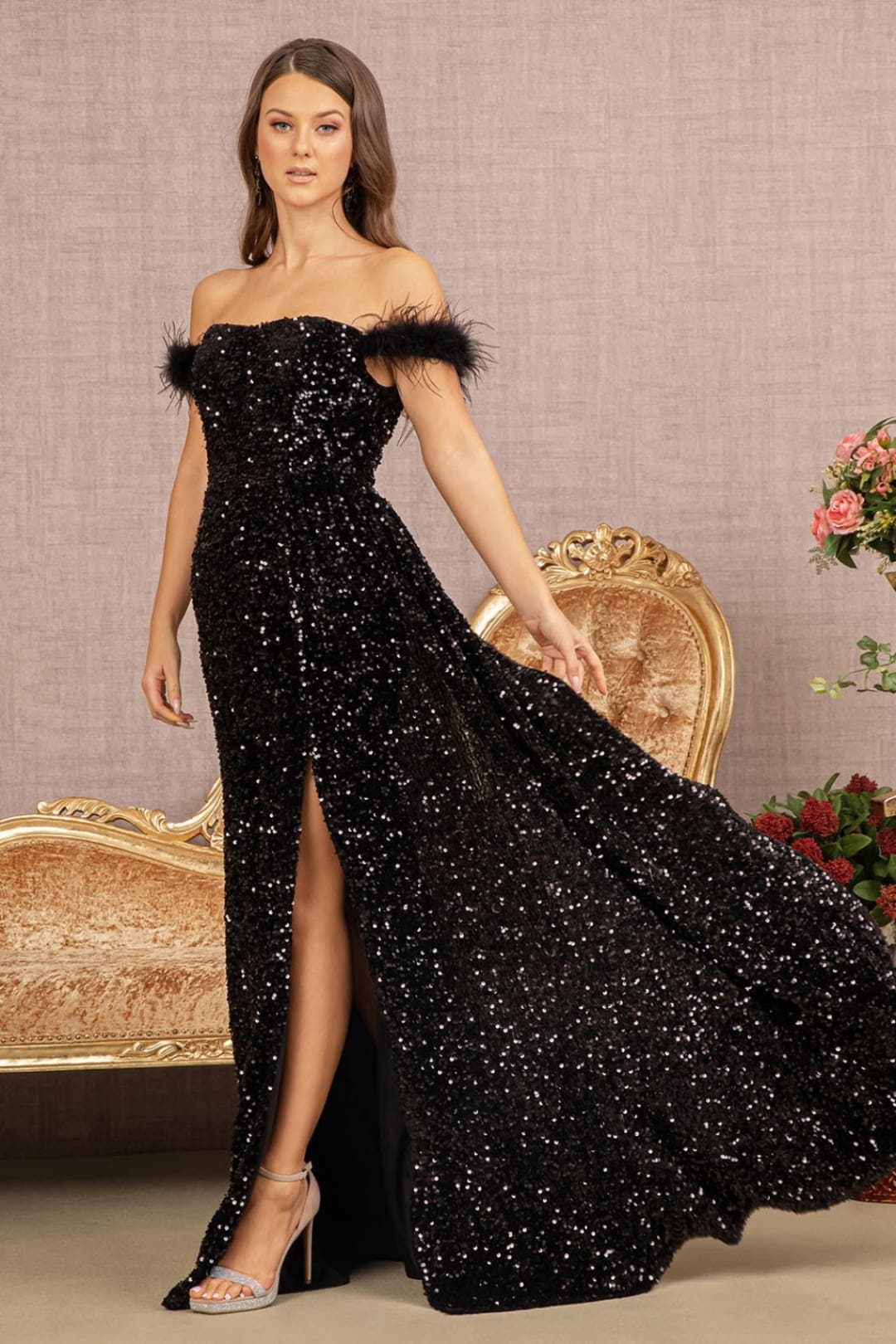 Off Shoulder Sequin Evening Dress by Elizabeth KGL3163