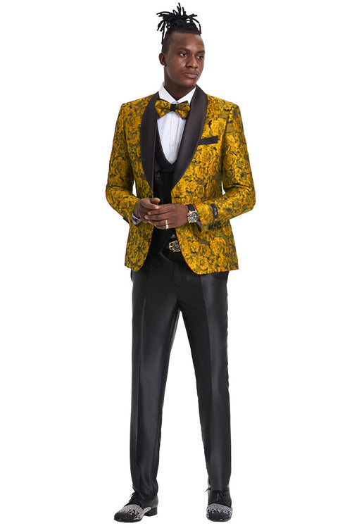 Men's Gold Paisley Slim Fit Tuxedo - Tazio Suits
