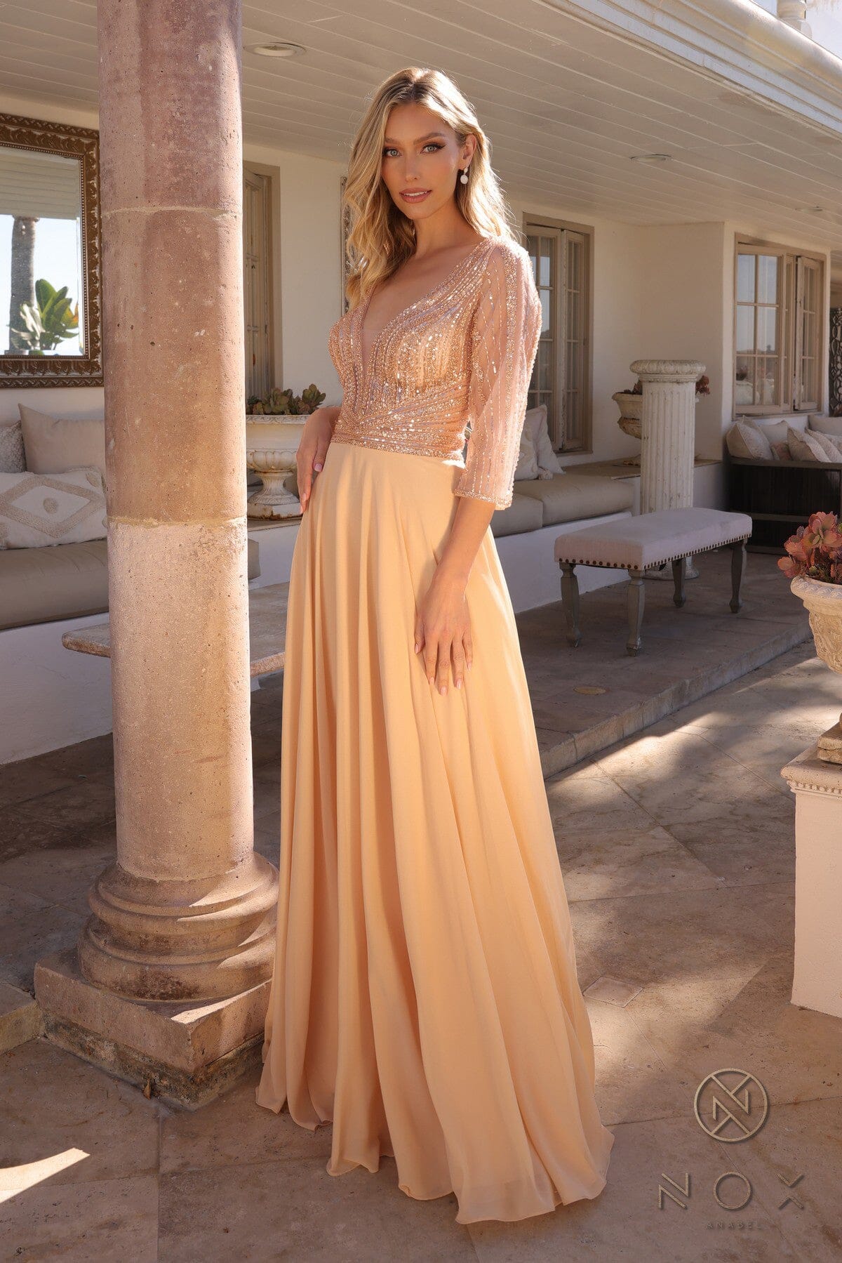 Nox Anabel MF101 Chic 3/4 Sleeve A-Line Gown with Embellishments