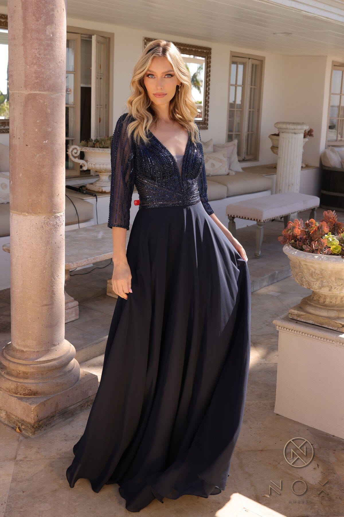Nox Anabel MF101 Chic 3/4 Sleeve A-Line Gown with Embellishments