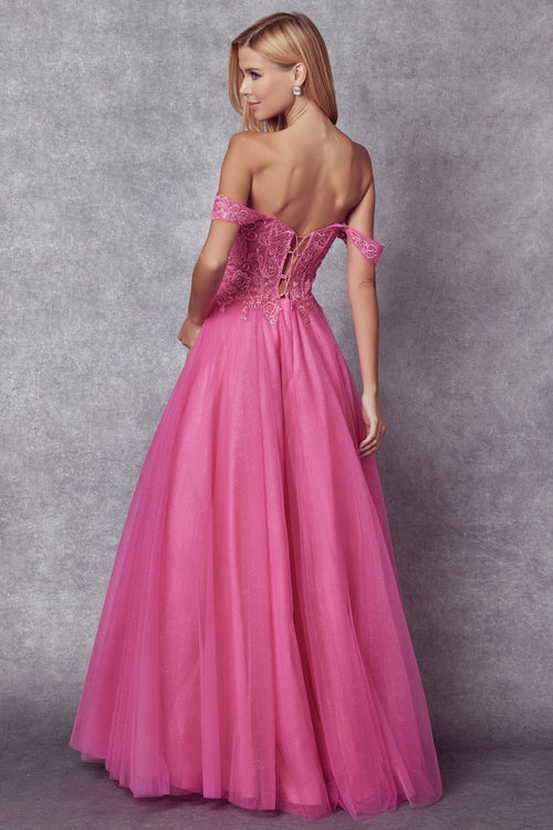 Juliet 280 Embroidered Illusion Bodice Glitter Tulle Off Shoulder Dress