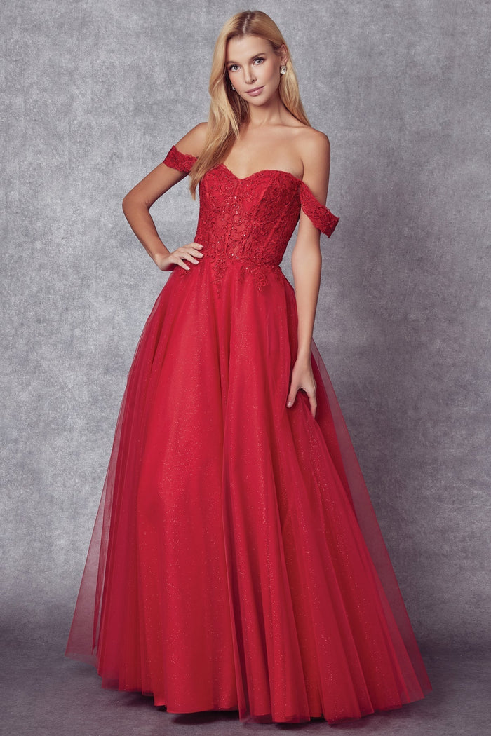 Juliet 280 Embroidered Illusion Bodice Glitter Tulle Off Shoulder Dress