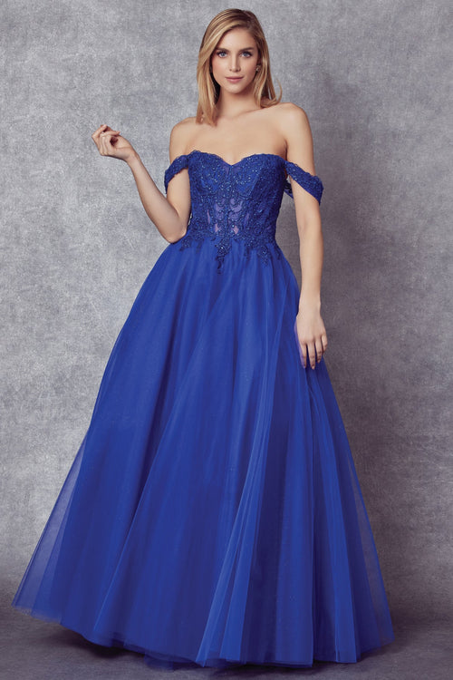 Juliet 280 Embroidered Illusion Bodice Glitter Tulle Off Shoulder Dress