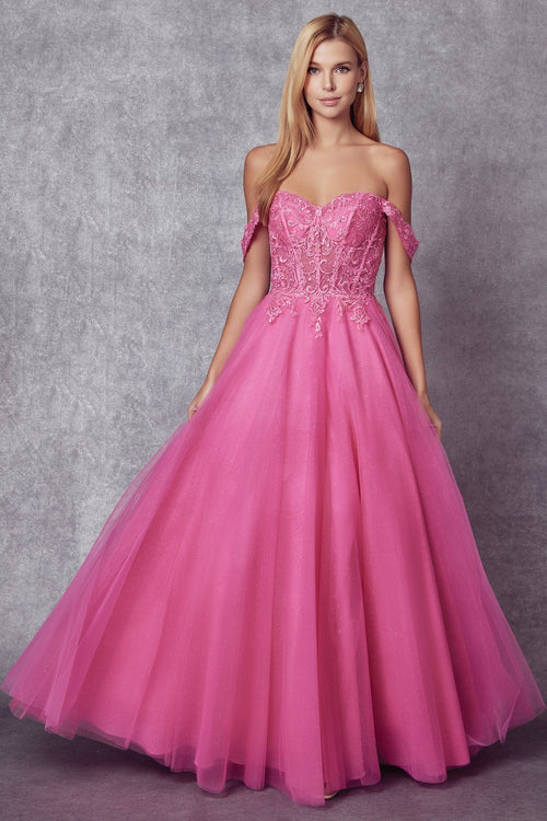 Juliet 280 Embroidered Illusion Bodice Glitter Tulle Off Shoulder Dress
