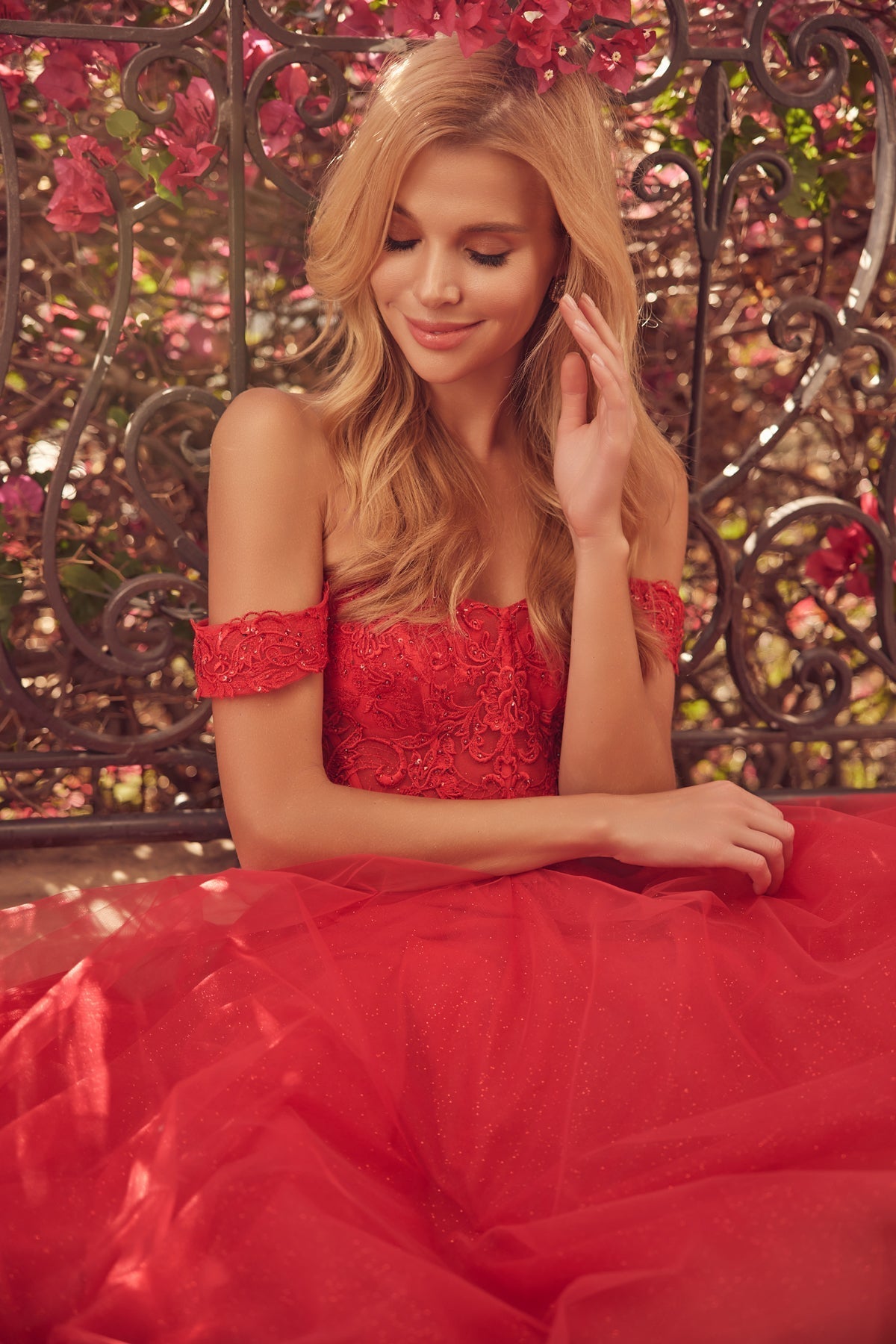 Juliet 280 Embroidered Illusion Bodice Glitter Tulle Off Shoulder Dress