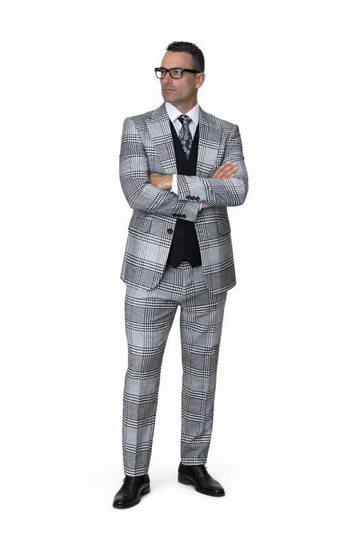 Statement Men’s 3-Piece Plaid Wool Suit – 100% Wool Modern Fit with Peak Lapel