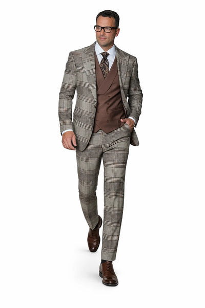 Statement Men’s 3-Piece Plaid Wool Suit – 100% Wool Modern Fit with Peak Lapel