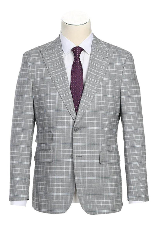 English Laundry Men's 2-Btn Slim Fit Suit in Light Grey Smoke Windowpane Plaid - Elegant Mensattire