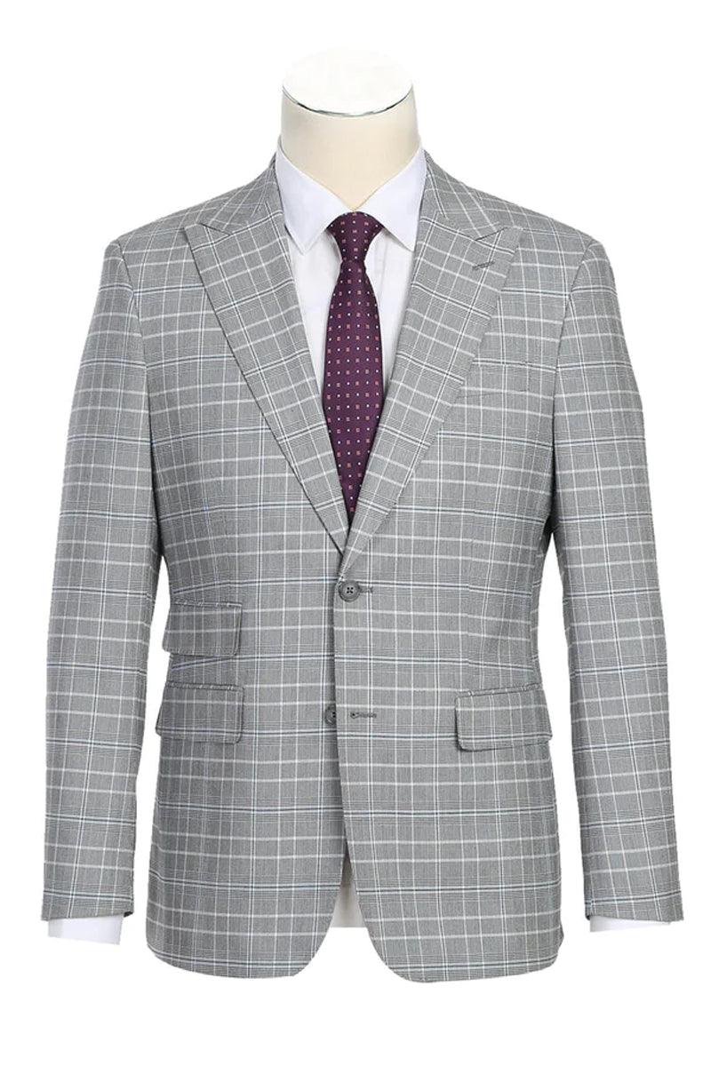 English Laundry Men's 2-Btn Slim Fit Suit in Light Grey Smoke Windowpane Plaid - Elegant Mensattire
