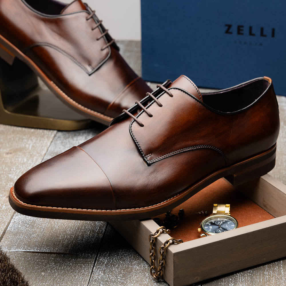 Zelli Enzo Classic Cap Toe Dress Shoes in Chestnut Calfskin Leather