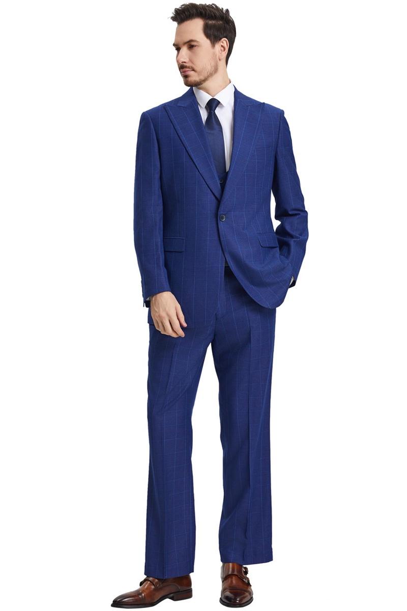 Men's Stacy Adams Peak Lapel Blue Windowpane Plaid Suit with a Scoop Neck Vest