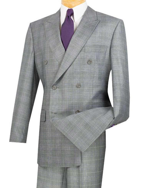 Executive Double Breasted Regular Fit Glen Plaid Suit - Color Grey by Vinciin