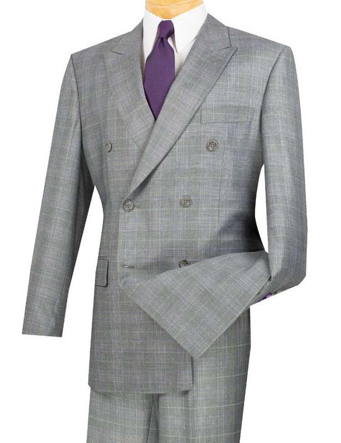 Executive Double Breasted Regular Fit Glen Plaid Suit - Color Grey by Vinciin