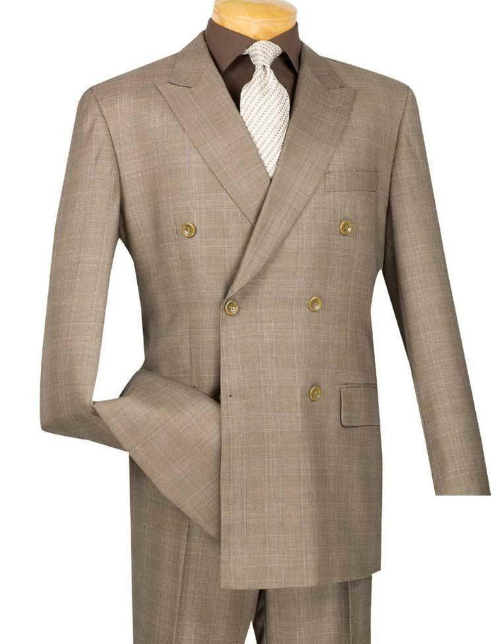 Executive Double Breasted Regular Fit Glen Plaid Suit - Color Tan by Vinci