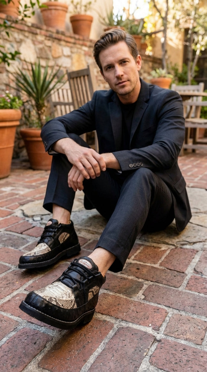 Men’s Black and Natural Exotic Alligator Crocodile Casual Shoes – Ostrich and Snakeskin Pattern Lace Up Dress Shoes - Boot By Los Altos