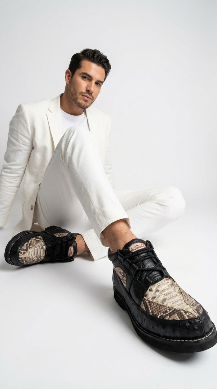 Men’s Black and Natural Exotic Alligator Crocodile Casual Shoes – Ostrich and Snakeskin Pattern Lace Up Dress Shoes - Boot By Los Altos