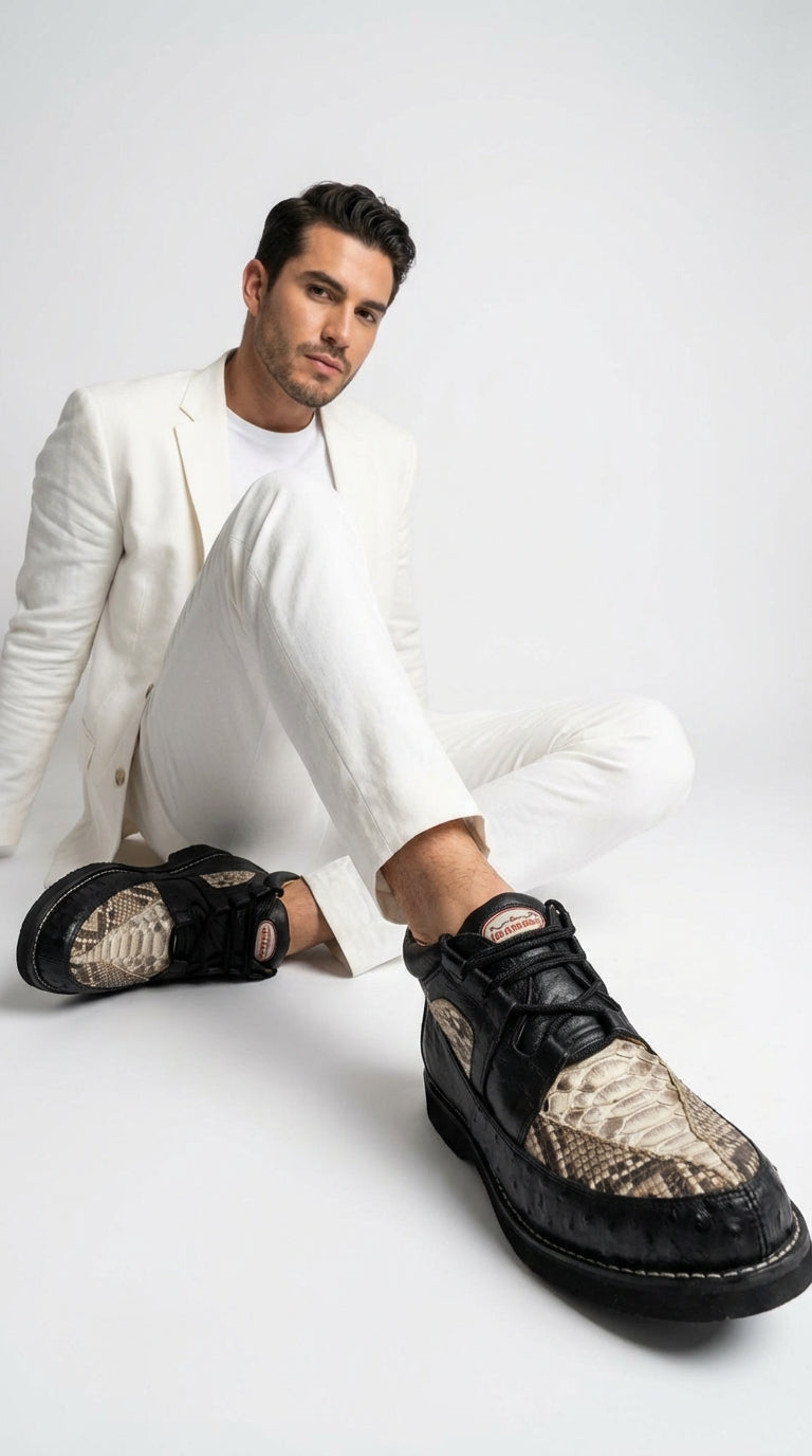 Men’s Black and Natural Exotic Alligator Crocodile Casual Shoes – Ostrich and Snakeskin Pattern Lace Up Dress Shoes - Boot By Los Altos