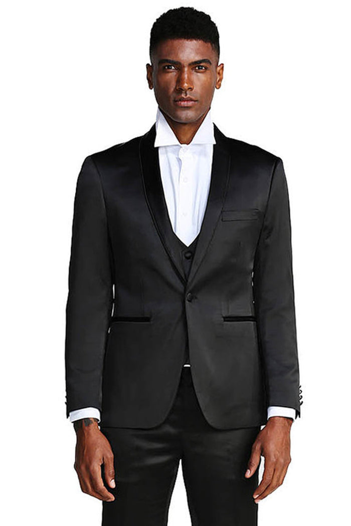Black Men's Slim Fit Satin Tuxedo Suit - Vested Prom & Wedding Attire by Tazzio