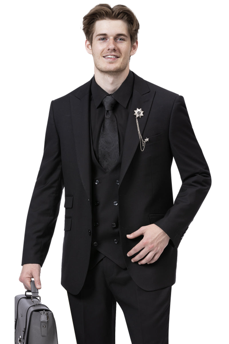 Mens Modern Two Button Vested Peak Lapel Suit with Double Breasted Vest in Black – SuitUSA