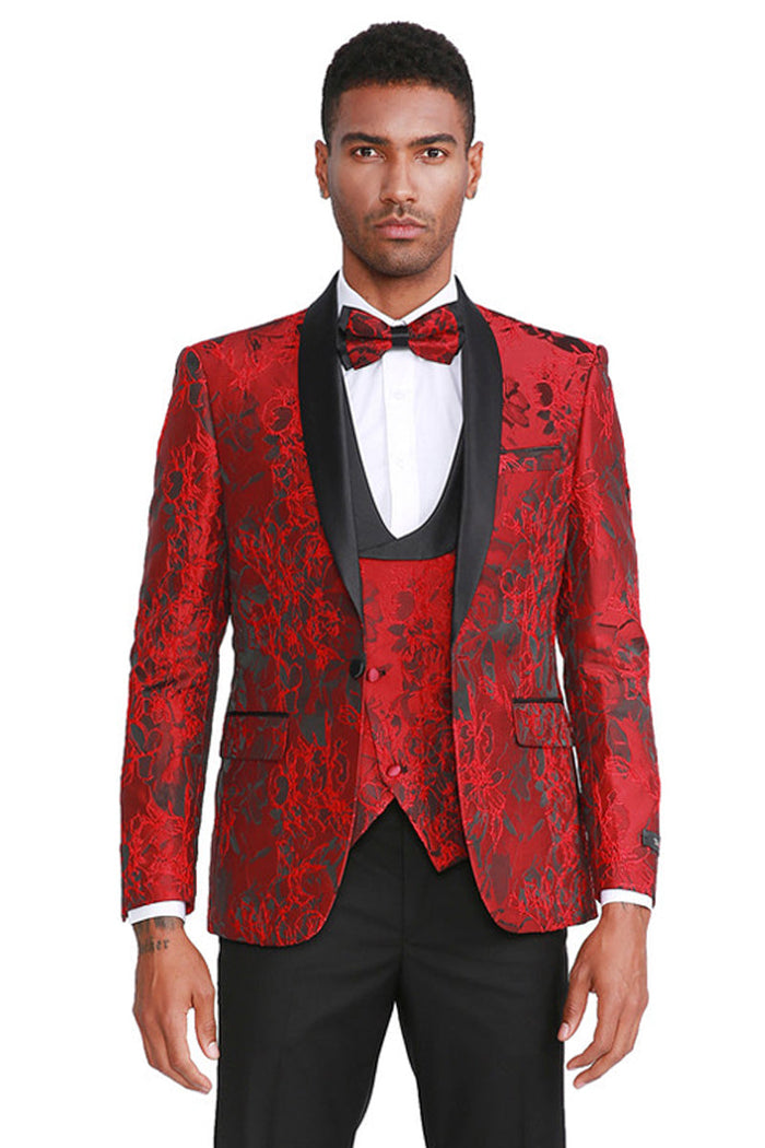 Red Men's Slim Fit Prom Tuxedo with Paisley Shawl Lapel - One Button Vested by Tazzio