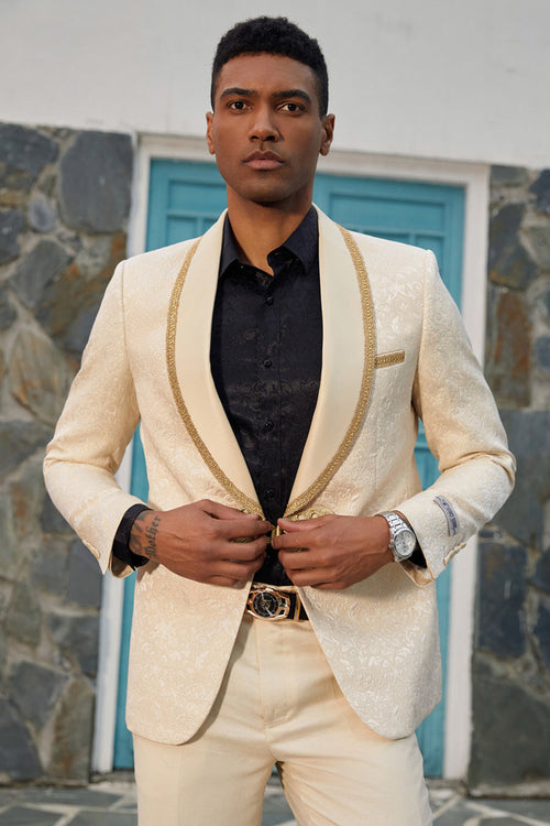 Elevate Your Prom and Wedding Style: Stacy Adams Ivory & Gold Paisley Tuxedo Jacket
