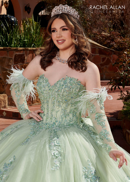 Rachel Allan RQ2171 Feather Long Sleeve Quinceanera Dress