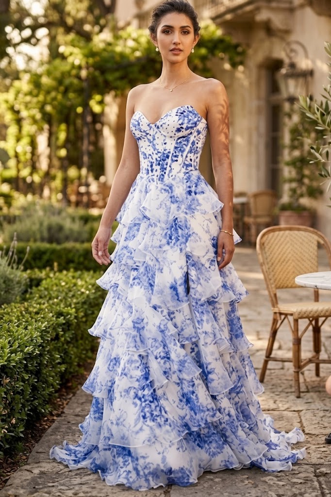Floral Print Strapless Ruffle A-line Tiered Wedding Guest Dress with Lace-Up Back By Amelia Couture 2060