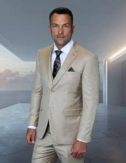 Statement Men's 3 Piece 100% Wool Modern Fit Suit - Subtle Textured