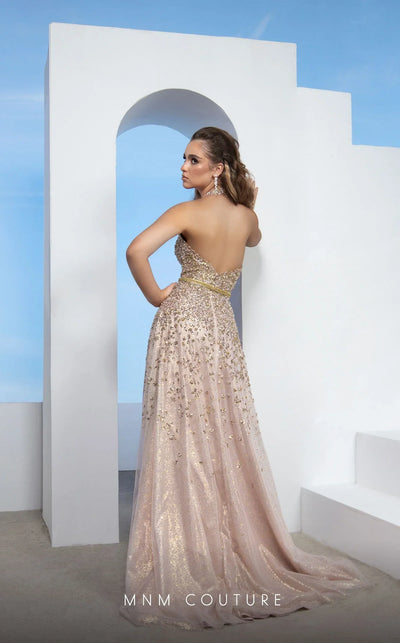 MNM Couture M0086 Gold High-Neck Embroidered Tulle Gown