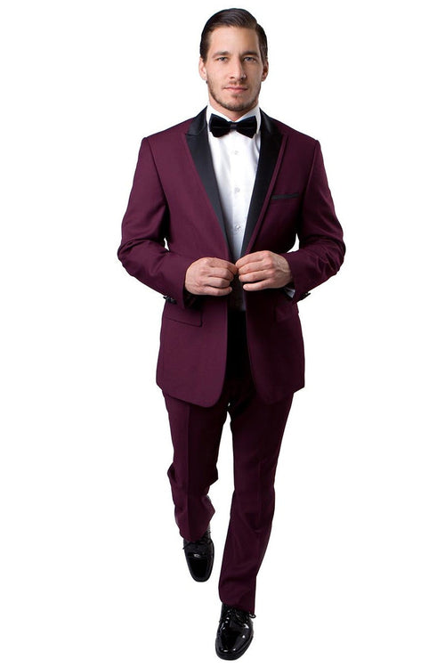 Sleek Burgundy Satin Trim Tuxedo for Men