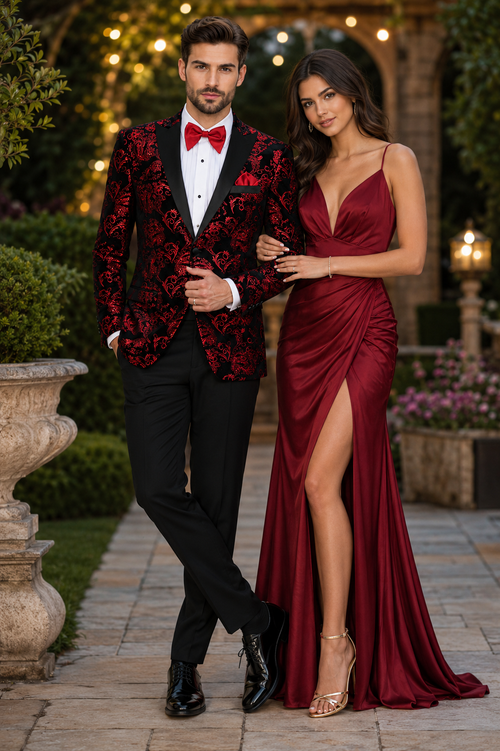Unique Prom Suits - Interesting Fun - Men's Modern Fit Velvet Floral Paisley Foil Red and Black Tuxedo Jacket