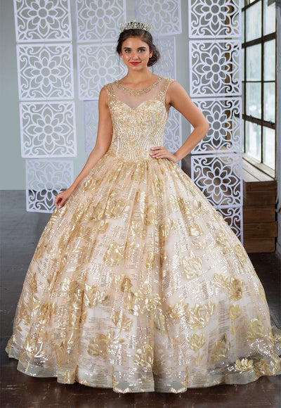 Champagne and Gold Quinceanera Dress Floral Sequin Illusion Ball Gown by Calla KY-77239