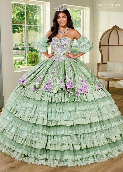 Floral Quinceañera Ball Gown with Embroidery Sleeves & Tiered Ruffle Skirt by Rachel Allan RQ5002